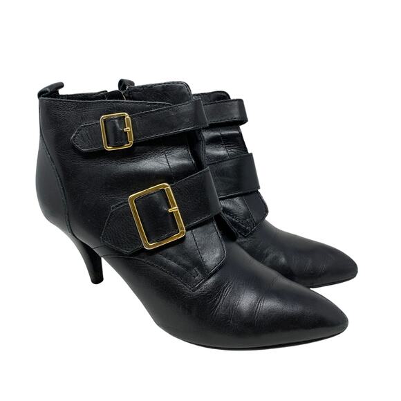 Gacel Heeled Ankle Booties Womens Sz 38 US 7.5 Black Leather Double Buckle - Picture 1 of 6